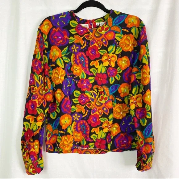 Vintage 80’s Bright Psychedelic Floral Paisley Print Long Sleeve Top Med - Picture 1 of 8